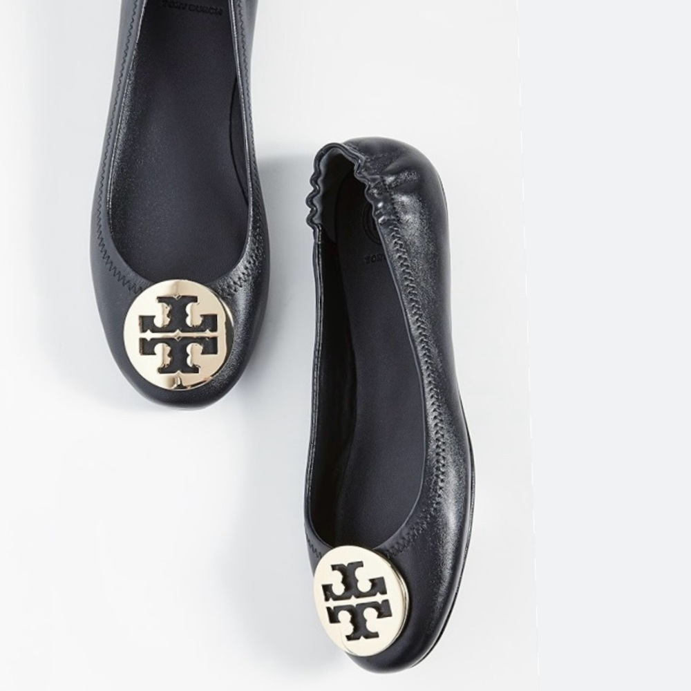 TORY BURCH Double T Logo Emblem Sleek Leather Ballet Flats